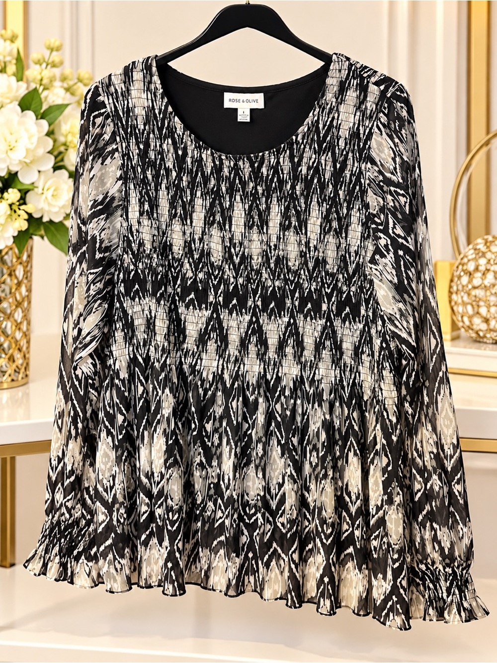 Rose & Olive Black and Cream Ikat-Print Long-Sleeve Blouse